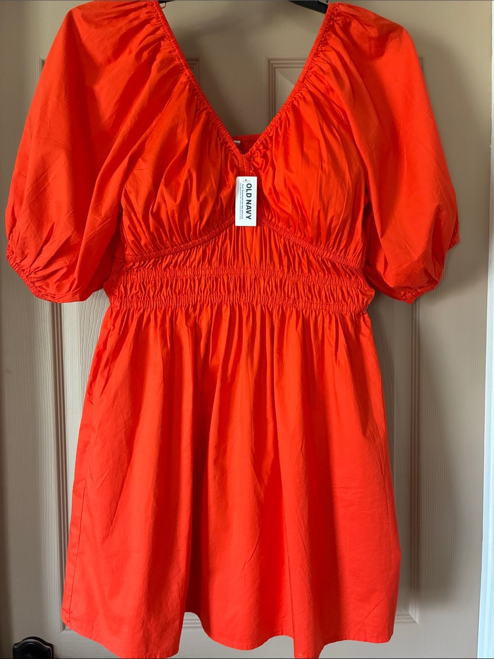 Old Navy Bright Orange V‑Neck Puff Sleeve Smocked Dress